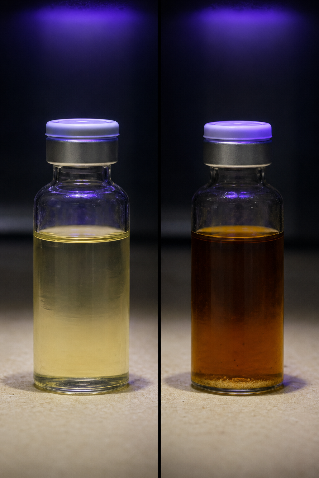 Mismo frasco de ceftriaxona antes y después de exposición a UV — la solución se oscurece visiblemente