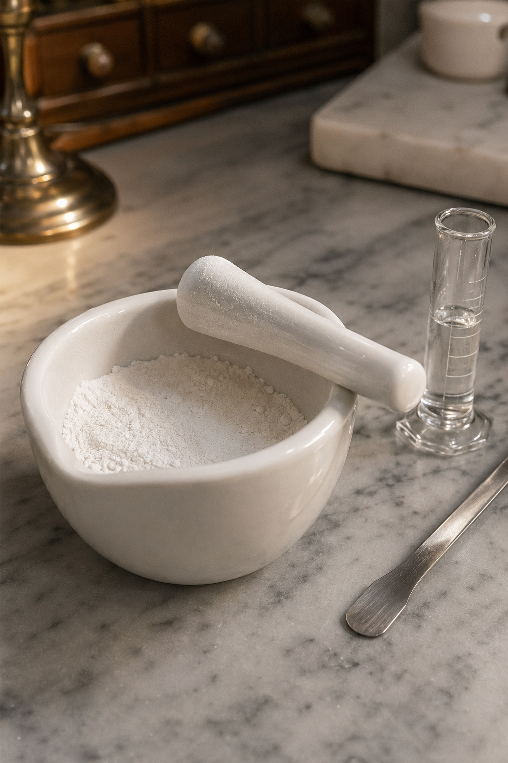 Mortero de porcelana con polvo blanco homogéneo de óxido de zinc y carbonato de calcio, listo para incorporar fase líquida